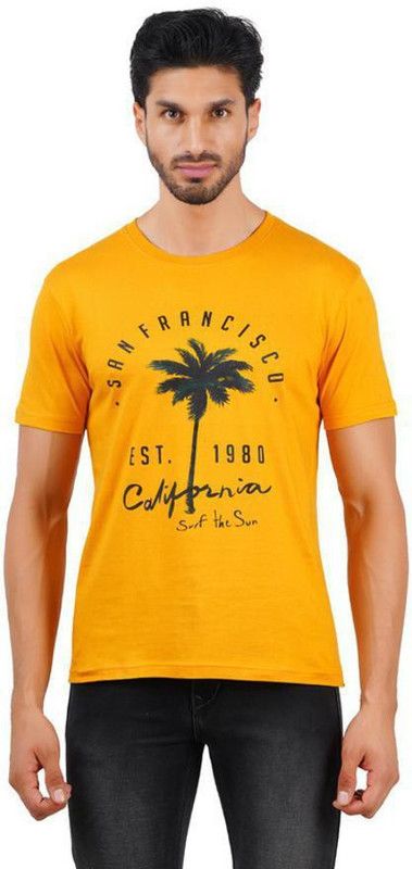 Vibrant Vesture Printed Men Round Neck Yellow T-Shirt Men Printed Round Neck Pure Cotton Yellow T-Shirt