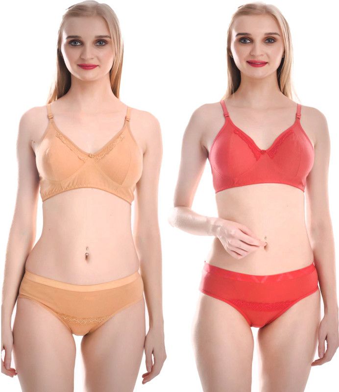 Bra & Panty Set Solid Beige, Orange Lingerie Set