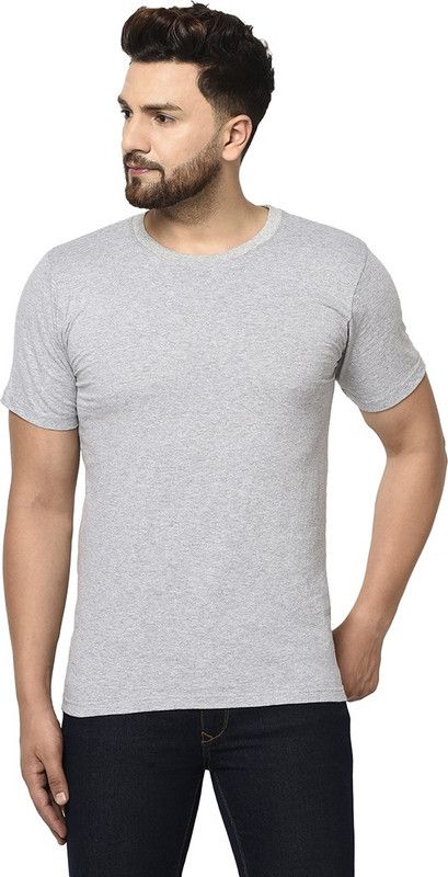 SOLID GREY Men Solid Round Neck Cotton Blend Grey T-Shirt