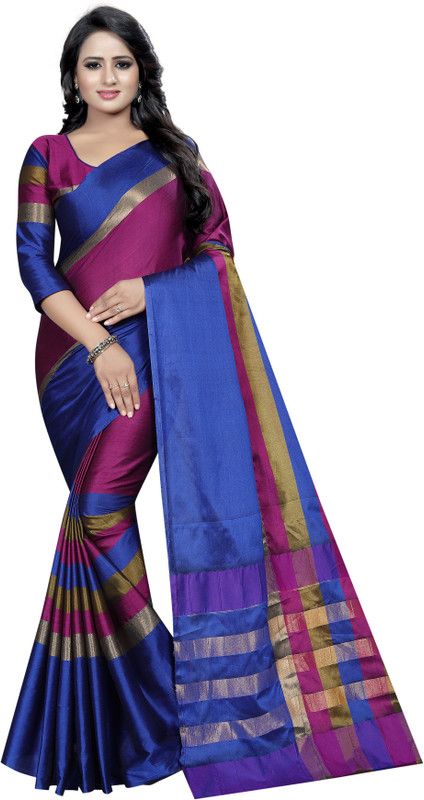 Self Design, Color Block, Striped Assam Silk Cotton Blend Saree  (Purple)