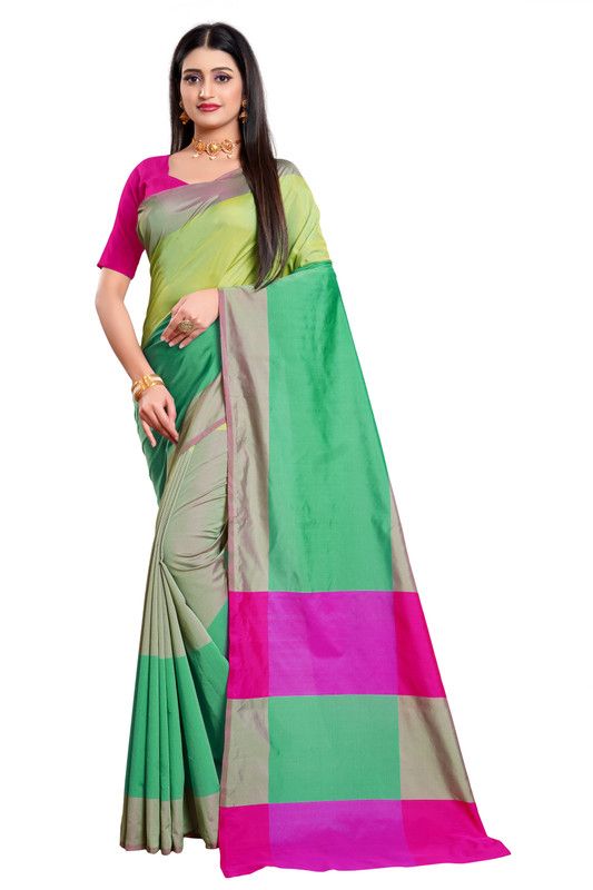 Striped Bollywood Cotton Silk Saree  (Green, Pink)