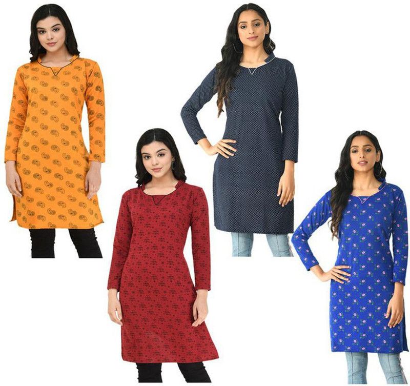 Pack of 4 Women Printed Wool Straight Kurta  (Dark Blue, Blue, Yellow)