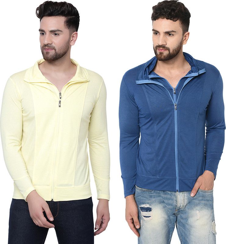 Pack of 2 MZM Men Solid High Neck Cotton Blend Light Blue, Yellow T-Shirt