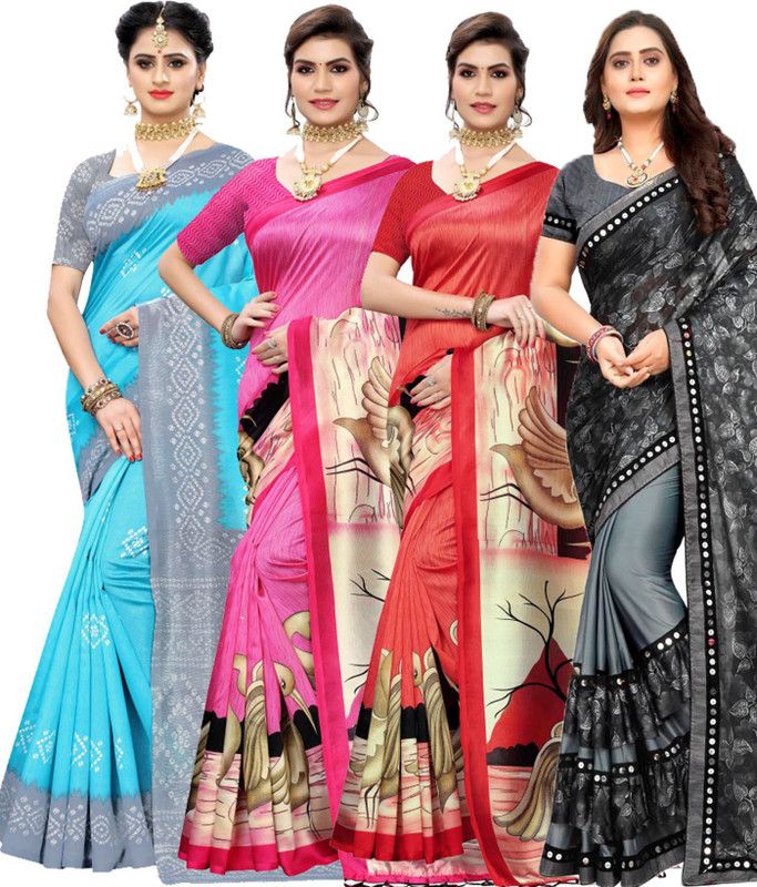 Embellished Bollywood Lycra Blend, Art Silk Saree  (Pack of 4, Light Blue, Red, Pink, Grey)