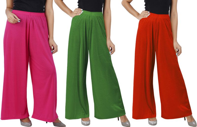 Pack of 3 Women Flared Pink, Green, Orange Cotton Blend Trousers