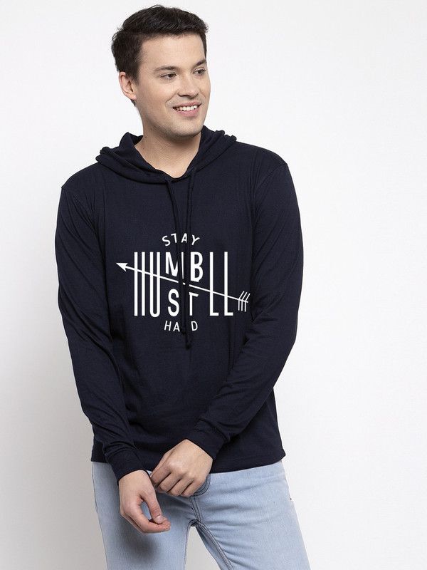 Men Graphic Print Hooded Neck Cotton Blend Dark Blue T-Shirt