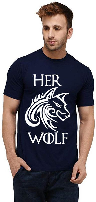 Her Wolf Men Graphic Print Round Neck Pure Cotton Dark Blue T-Shirt