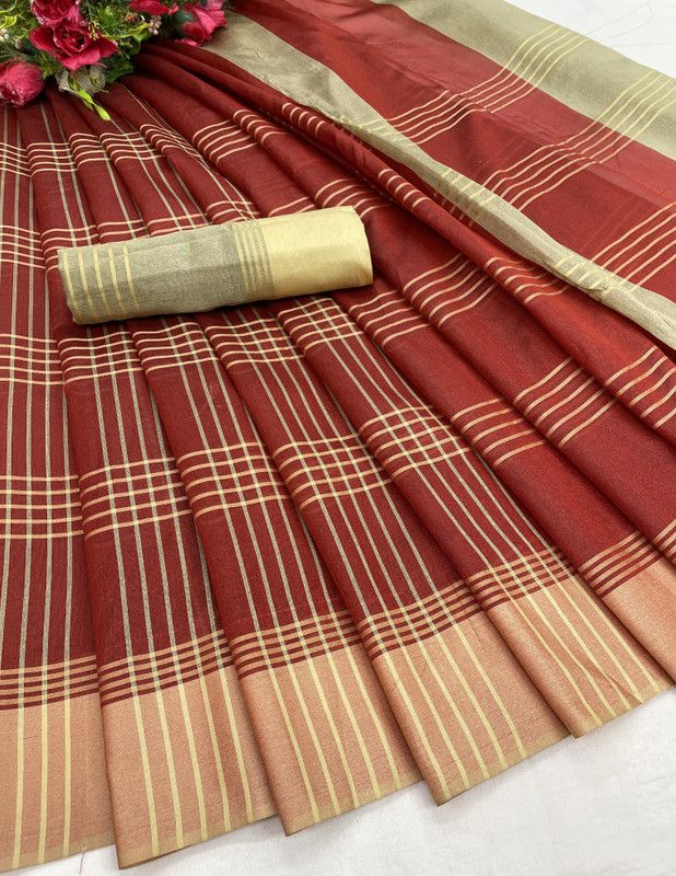 Checkered Daily Wear Cotton Silk Saree  (Maroon)