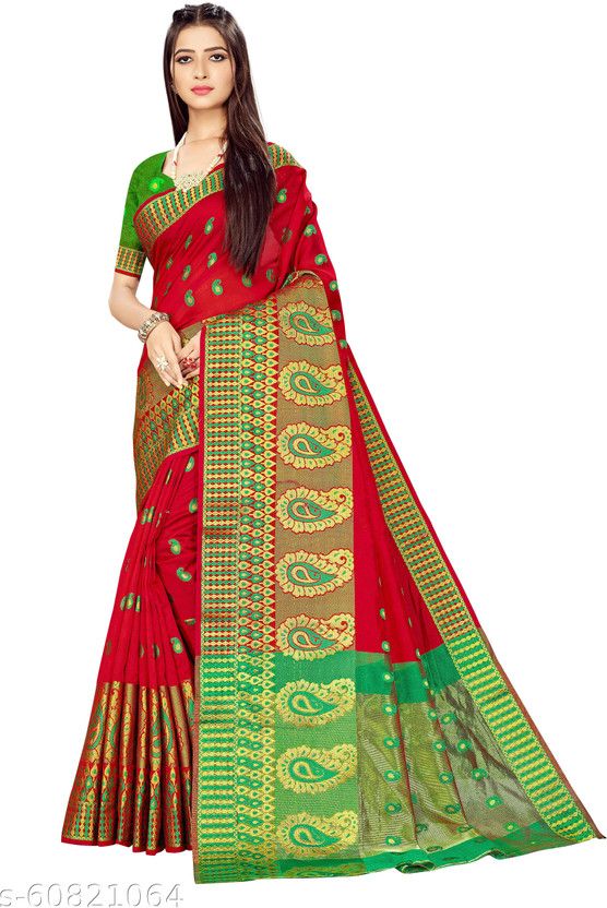 Woven Kanjivaram Jacquard Saree  (Red, Green)