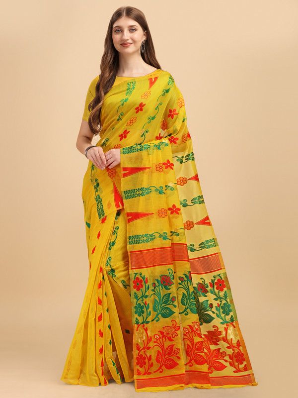 Floral Print Jamdani Cotton Silk Saree  (Yellow)
