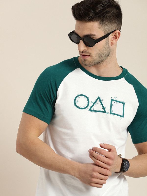 Men Printed Round Neck Cotton Blend Dark Green, White T-Shirt