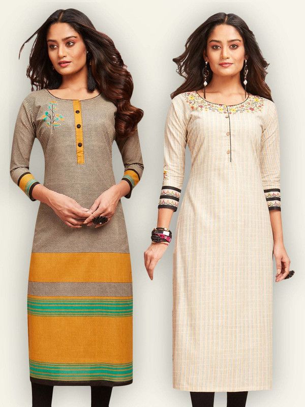 Pack of 2 Women Printed, Striped Pure Cotton Straight Kurta  (Brown, Beige)