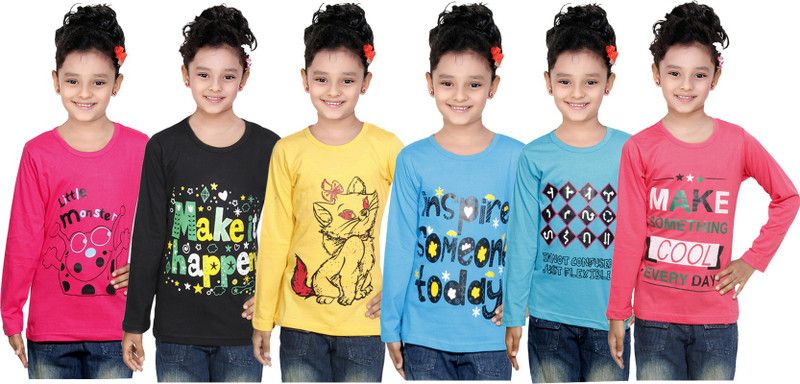Girls Printed Cotton Blend T Shirt  (Red, Pack of 6)