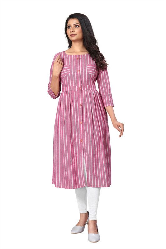 Women Embellished Khadi Cotton Gown Kurta  (Pink)