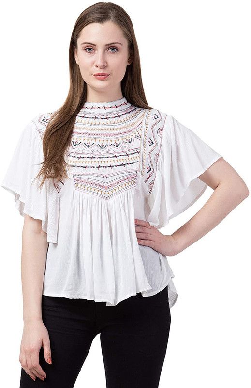 Casual Flared Sleeves Embroidered Women Multicolor Top