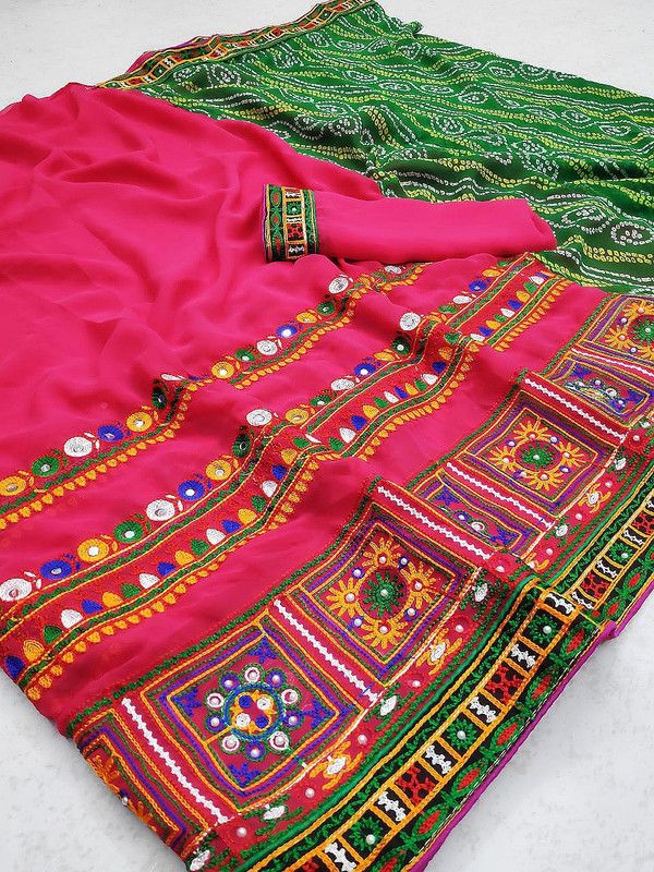 Self Design, Embroidered, Embellished, Printed Bandhani Georgette Saree  (Green, Pink)