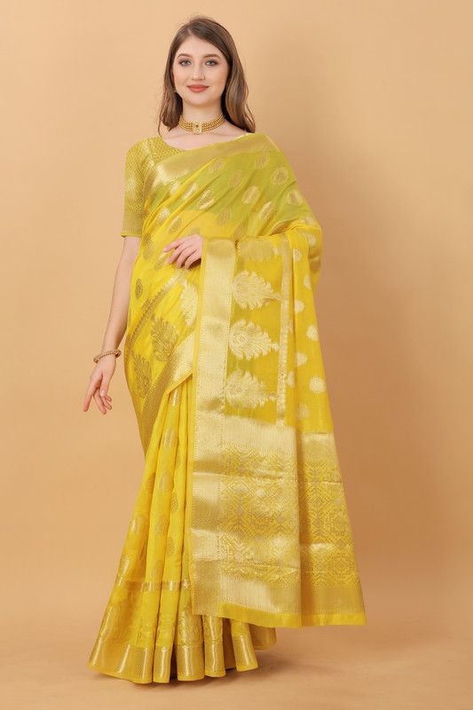 Floral Print Banarasi Organza Saree  (Yellow)