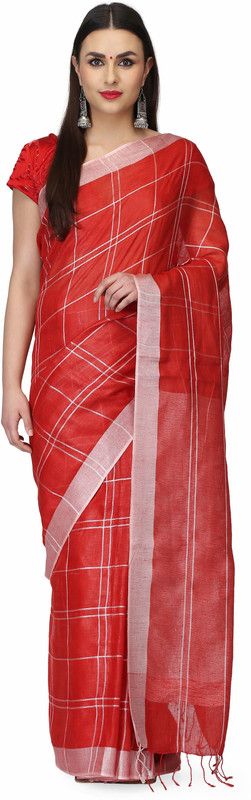 Checkered Handloom Cotton Linen Saree  (Red)