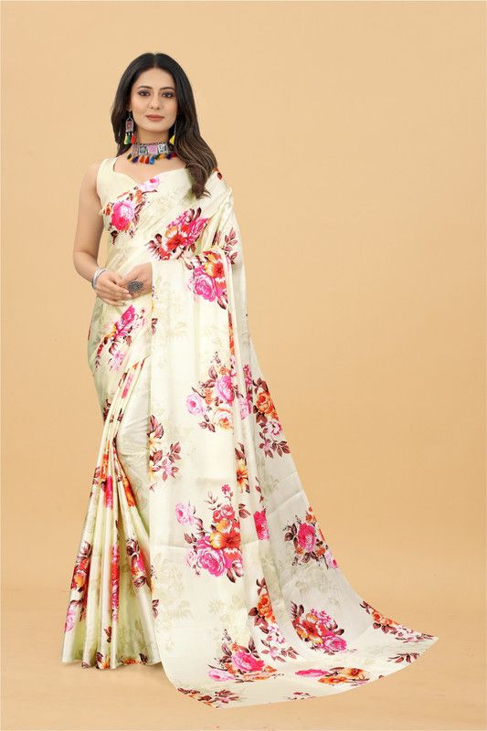 Digital Print Bollywood Satin Saree  (Beige)