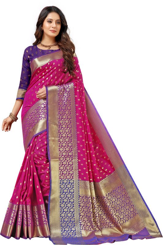 Woven, Floral Print Banarasi Pure Silk Saree  (Magenta)