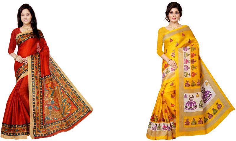 Fashion Cotton Silk Saree  (Pack of 2, Red, Yellow)