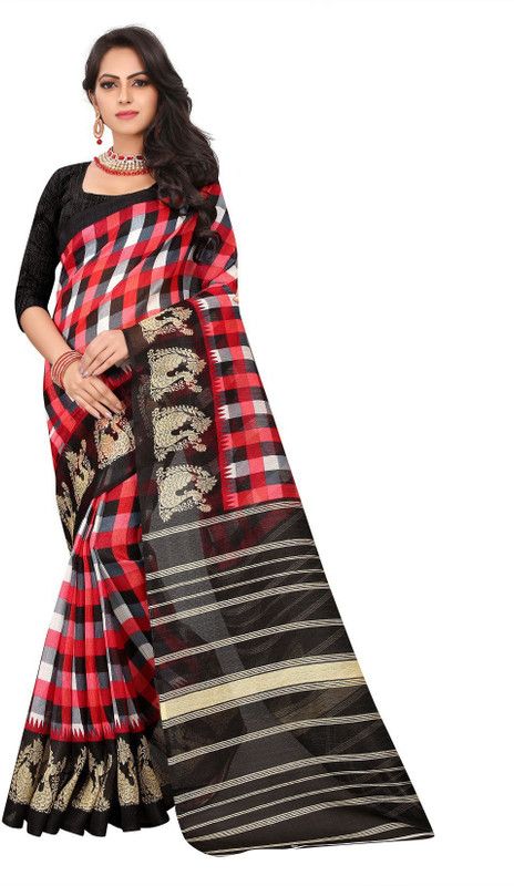 Printed Bhagalpuri Silk Blend Saree  (Red, Black)