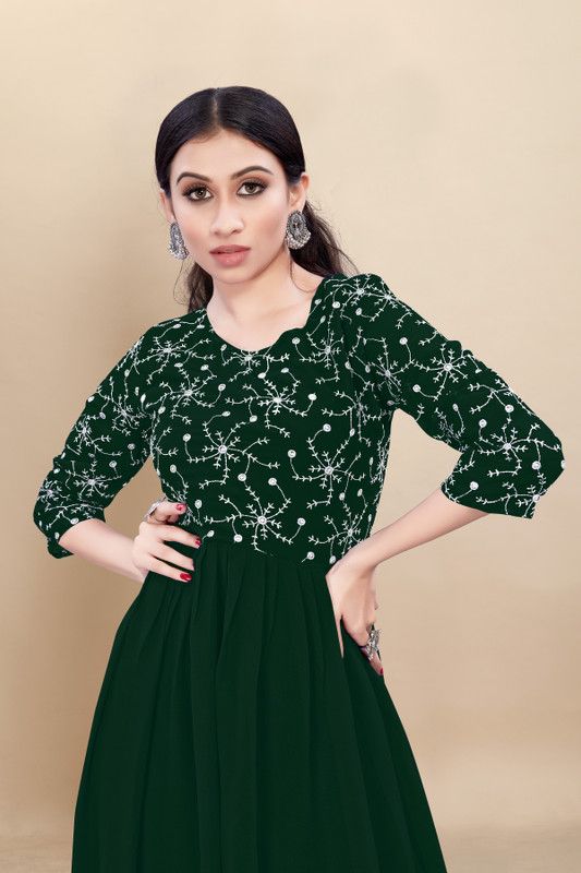 Embroidered Crepe Stitched Anarkali Gown  (Green)