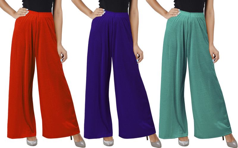 Pack of 3 Women Flared Orange, Purple, Green Cotton Blend Trousers
