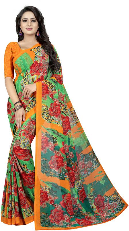 Floral Print Bollywood Crepe Saree  (Multicolor)