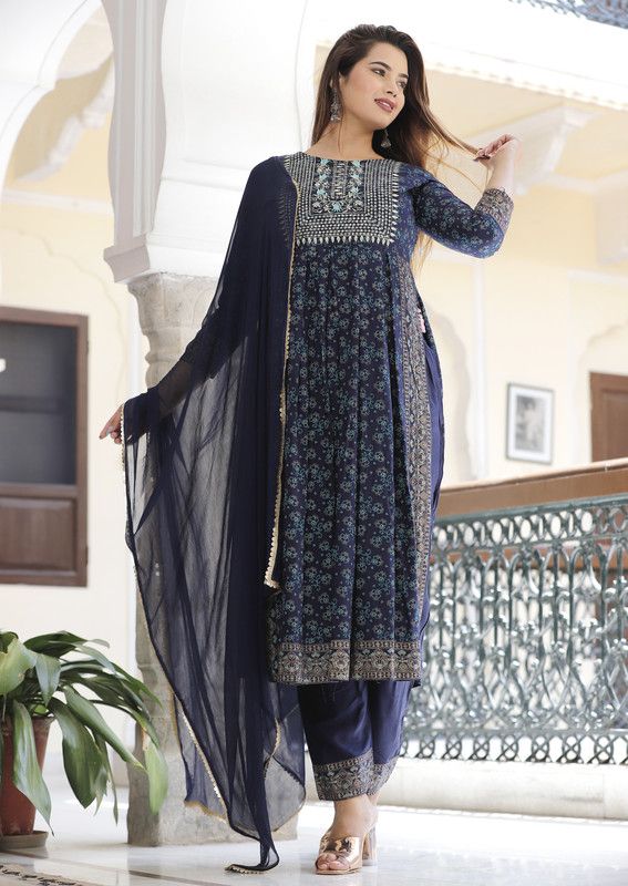 Women Cotton Rayon, Chiffon Kurta, Pant And Dupatta Set