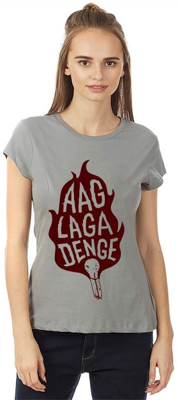 Aseria Womens Cotton Biowash Graphic Printed Half Sleeve T-Shirt - Aag Laga Denge (Grey, SM) Women Graphic Print Round Neck Cotton Blend Grey T-Shirt