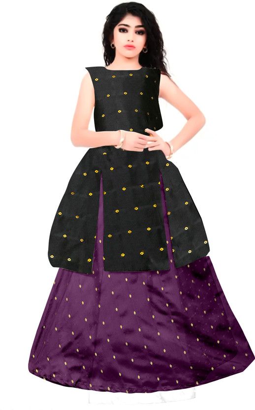 Girls Lehenga Choli Ethnic Wear, Fusion Wear, Party Wear, Western Wear Solid Lehenga, Choli and Dupatta Set  (Black, Pack of 1)