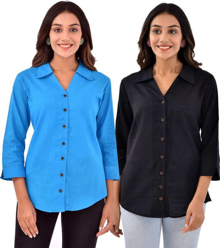 Women Solid Formal Light Blue, Black Shirt  (Pack of 2)