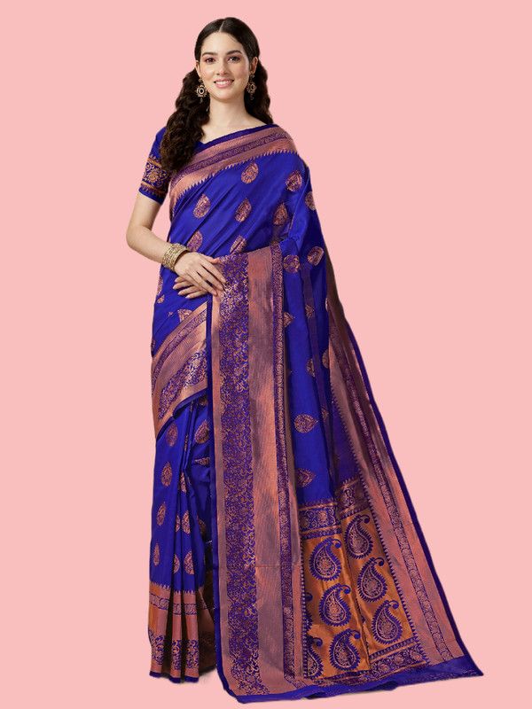 Self Design, Woven, Embellished Kanjivaram Silk Blend, Art Silk Saree  (Blue)