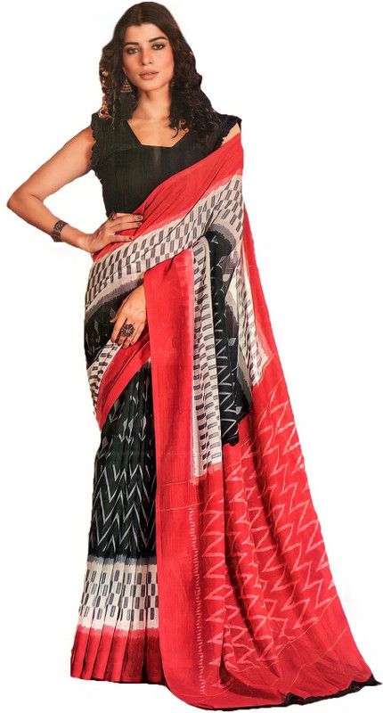 Digital Print, Geometric Print, Graphic Print Ikkat Cotton Linen Saree  (Red, White, Black)