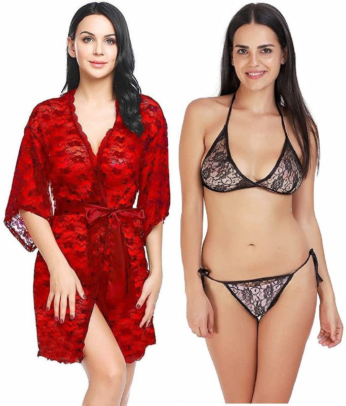 Lingerie Robe Set Self Design Red, Black Lingerie Set