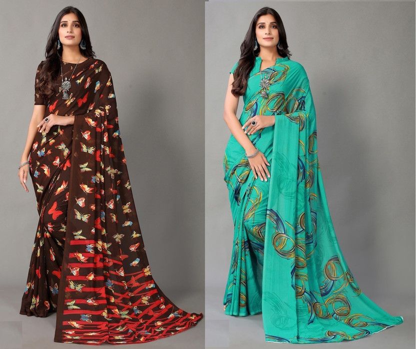 Printed Daily Wear Georgette Saree  (Pack of 2, Green, Brown)