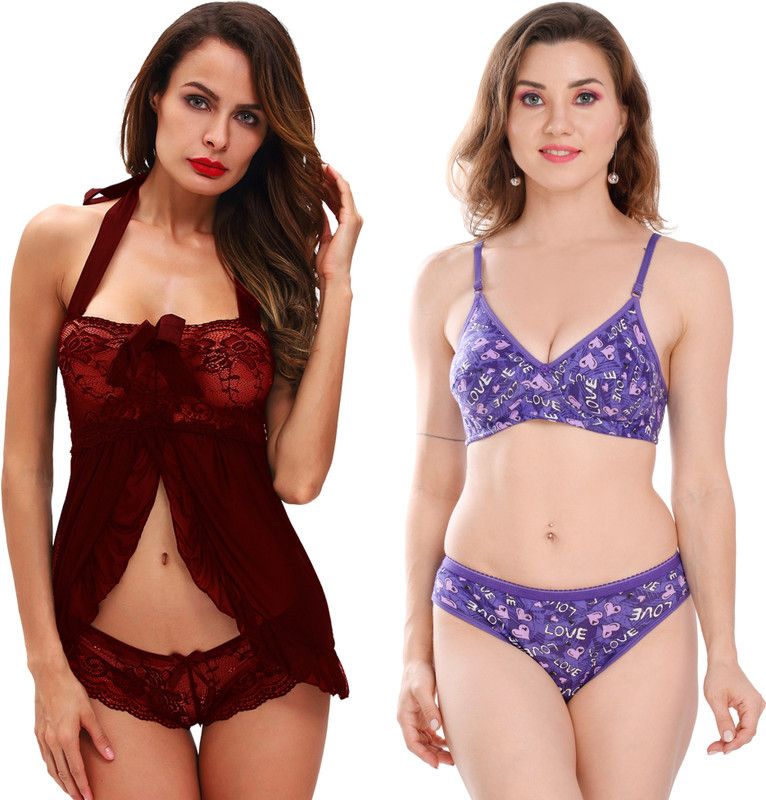 Lingerie Robe Set Self Design Maroon, Purple Lingerie Set