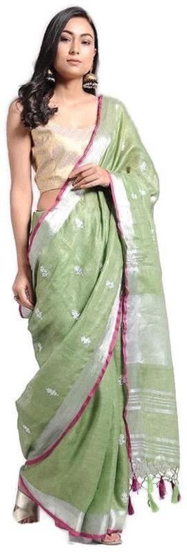 Embroidered Bhagalpuri Linen Saree  (Silver, Green)