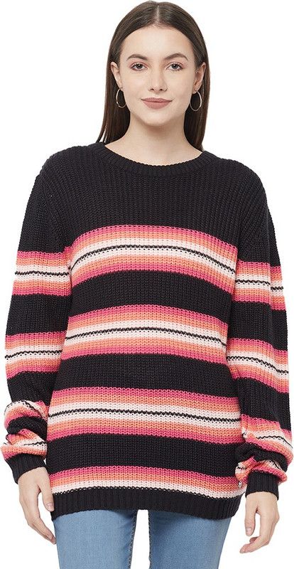 Women Striped Round Neck Multicolor Sweater