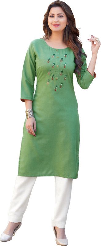 Women Embroidered Cotton Rayon Straight Kurta  (Green)