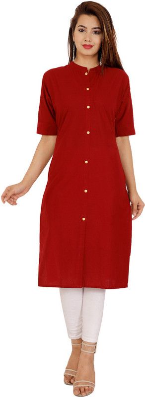 Women Solid Pure Cotton Frontslit Kurta  (Maroon)