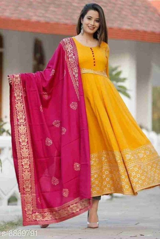 Anarkali Gown  (Yellow, Pink)