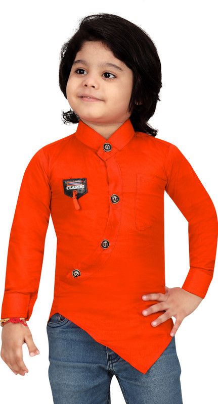 Boys Solid Cotton Blend Asymmetric Kurta  (Orange)