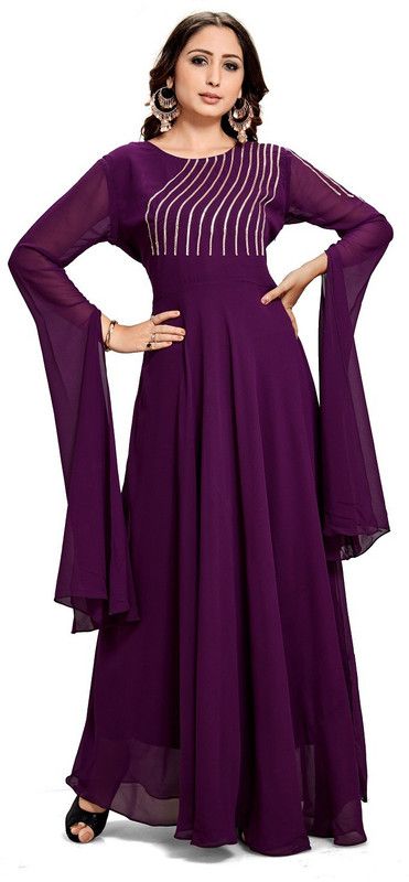 Georgette Stitched Flared/A-line Gown  (Purple)