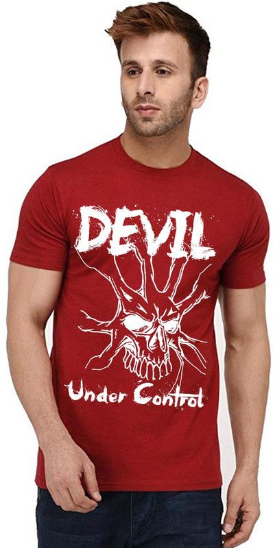 Men Printed, Graphic Print, Typography Round Neck Cotton Blend Red T-Shirt