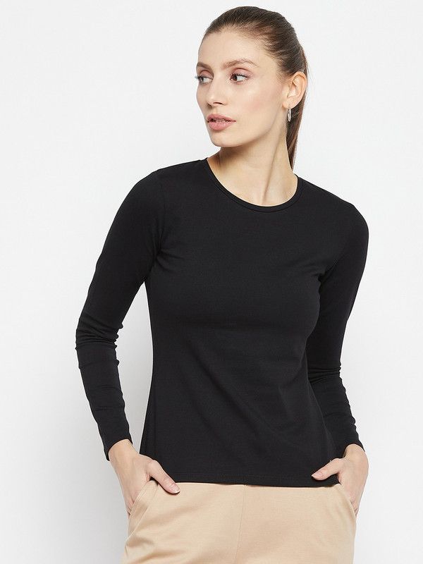 SEDW1AEXX009F02 Women Solid Round Neck Cotton Blend Black T-Shirt