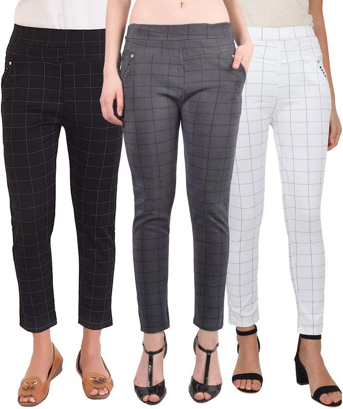 Pack of 3 Women Slim Fit Black, White, Grey Polycotton Trousers