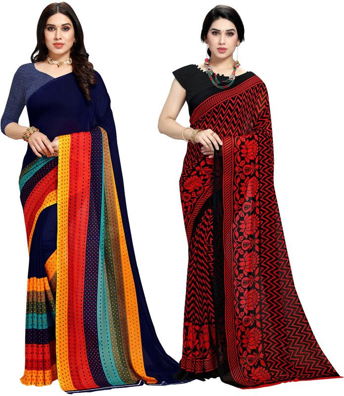 Printed Daily Wear Georgette Saree  (Pack of 2, Dark Blue, Red, Black, Yellow)