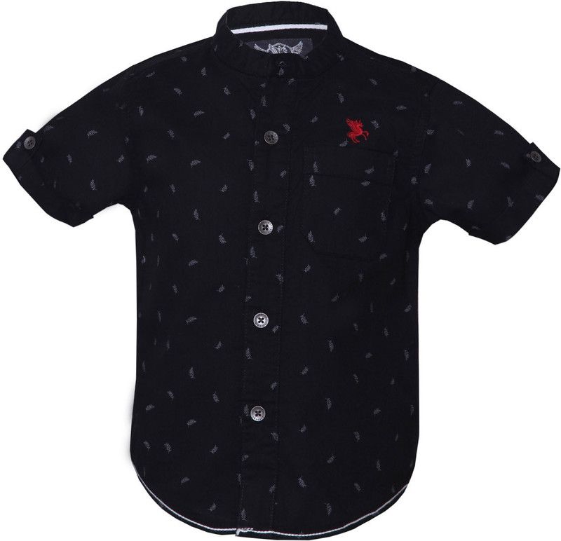 Tales & Stories Boy's Black Printed Cotton Shirt Boys Regular Fit Printed Mandarin Collar Casual Shirt